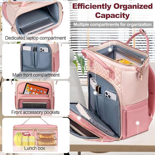 Lunch Backpack for Women, 15.6 inch Laptop Backpacks for Womens, Work Backpacks with Lunchbox,Insulated Back pack Cooler,Teacher Nurse Travel Backpack for Women