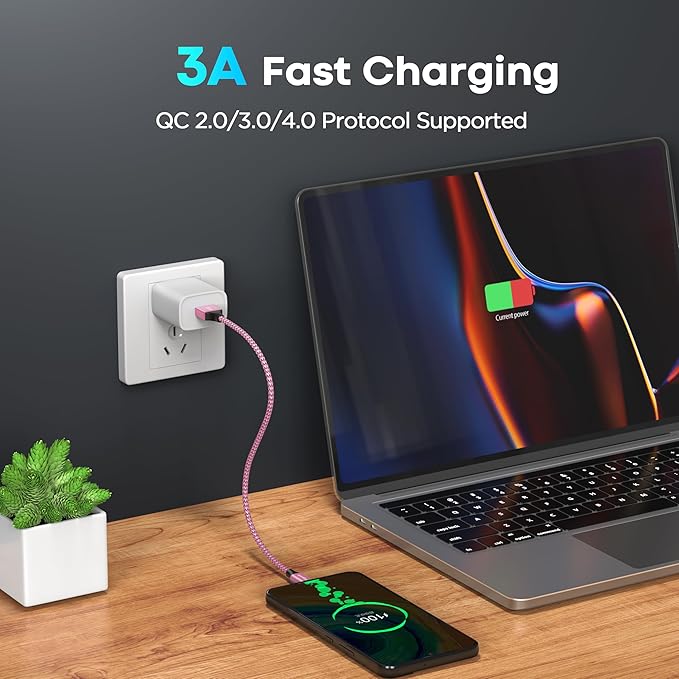 etguuds USB to USB C Cable 1ft, 2-Pack USB A to Type C Charger Cord Fast Charging for Samsung Galaxy A15 A25 A35 A55 A54, S24 S23 S22 S21 S20 S10 S10E, Note 20 10, Moto G, for iPhone 16 15, Pink