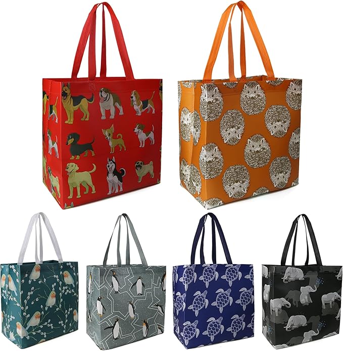 BeeGreen Animal Reusable Grocery Bags - W13*H13*D7 6 Packs Lightweight Shopping Totes with Long Handles, Water Resistant,Durable and Portable - Perfect for Groceries, Supermarket, Gifts, and More