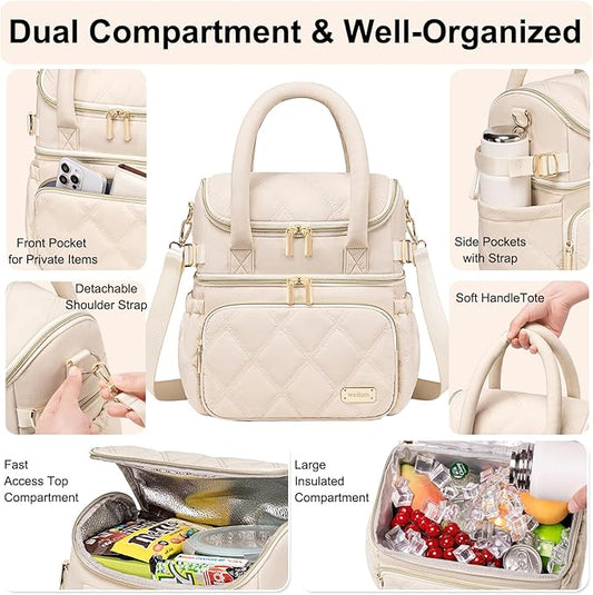 Weitars Lunch Bag for Women Men,Double Deck Lunch Box for Women,Quilted Lunch Tote for Work,Insulated Lunch Cooler Leakproof Lunchbox for Adult with Shoulder Strap &Pockets for Picnic Hiking (Beige)