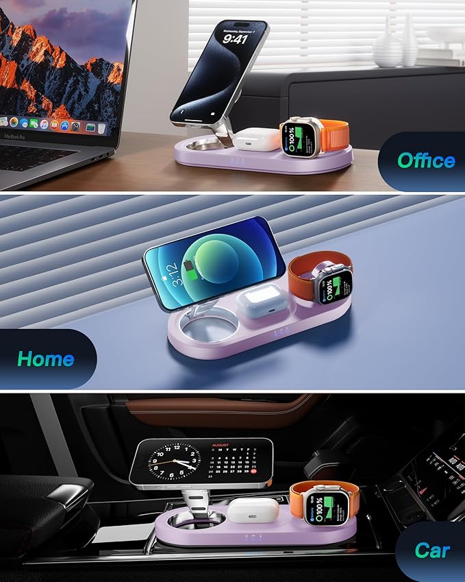 Upgraded 3 in 1 Wireless Charging Station for Apple Devices, Faster Mag-Safe Charger Stand, Magnetic Charger Station for iPhone 16/15/14/13/12 Series & AirPods Pro & Apple Watch Series (Purple)