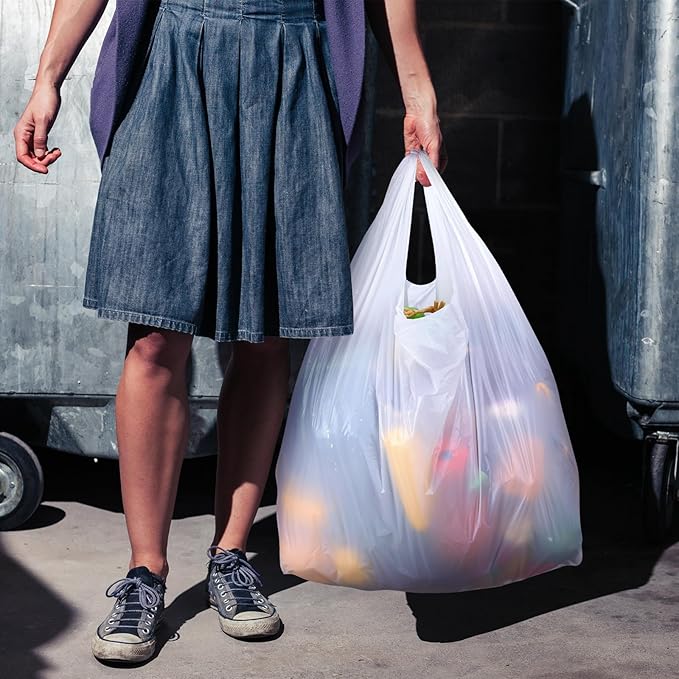 Kisston 400 Count Jumbo Size Plastic T Shirt Bags with Handles, 35 Mic, XX Large Plain Plastic T Shirt Grocery Bags, Thick and Heavy Duty (White,28" x 17")