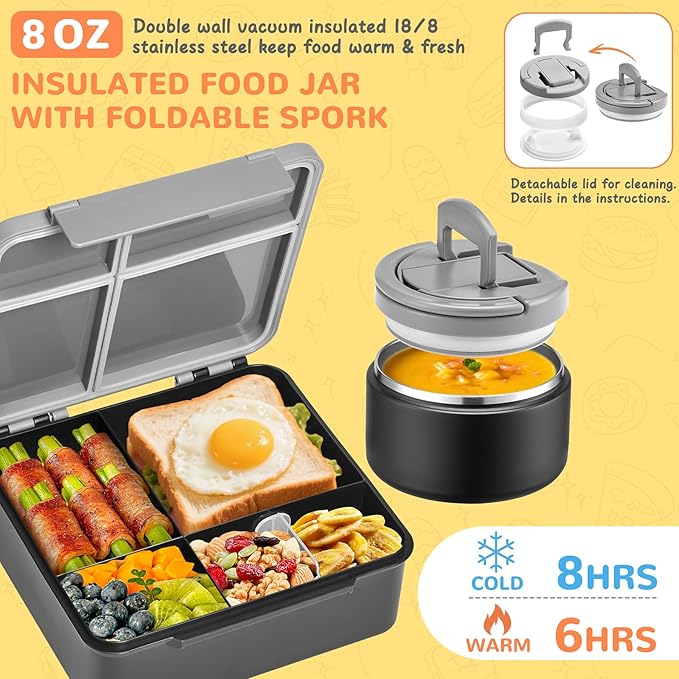MAXSO Bento Lunch Box Set with 8 oz Soup Thermo, Kids Leakproof 4 Compartments Hot Food Container with Sauce Cup, Ice Pack and Lunch Bag, Child Insulated Food Jar for School - Black