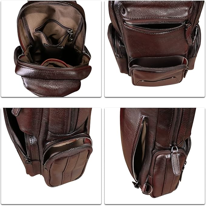 IVTG Genuine Leather Sling Bag Crossbody Casual Hiking Daypack Vintage Handmade Chest Bag Shoulder Backpack Motorcycle Pack (Coffee)