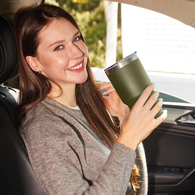 MEWAY 30oz Insulated Tumbler With Lids and Straws,Stainless Steel Double Vacuum Coffee Tumbler Cup, Brush, Durable Powder Coated Coffee Cup for Cold & Hot Drinks, Office, Travel(Army Green,4 PACK)