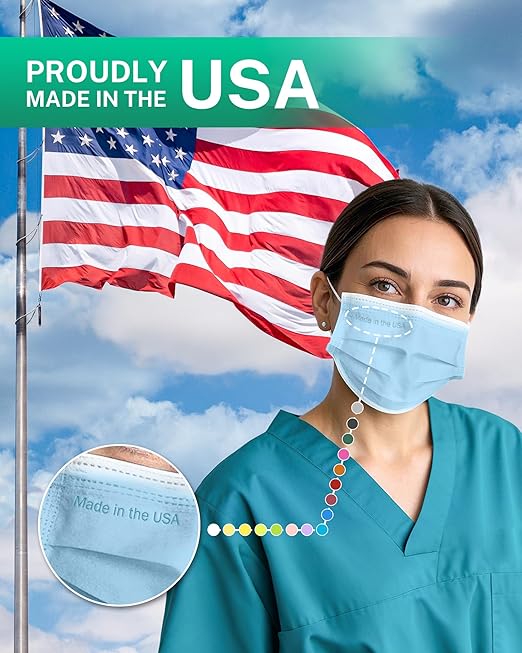 Disposable Face Masks Made in USA, 4 Ply for Families, Students, Breathable All-Day Wear & Safety, FSA HSA Eligible, ASTM Level 3 Medical Grade (50 Pack, Light Blue)