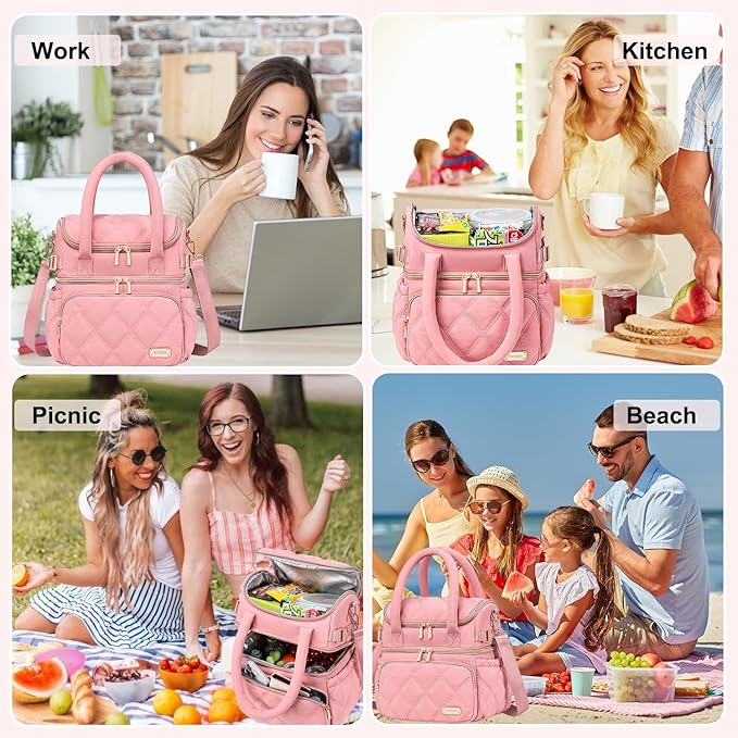 Weitars Lunch Bag for Women Men,Double Deck Lunch Box for Women,Quilted Lunch Tote for Work,Insulated Lunch Cooler Leakproof Lunchbox for Adult with Shoulder Strap &Pockets for Picnic Hiking (Pink)