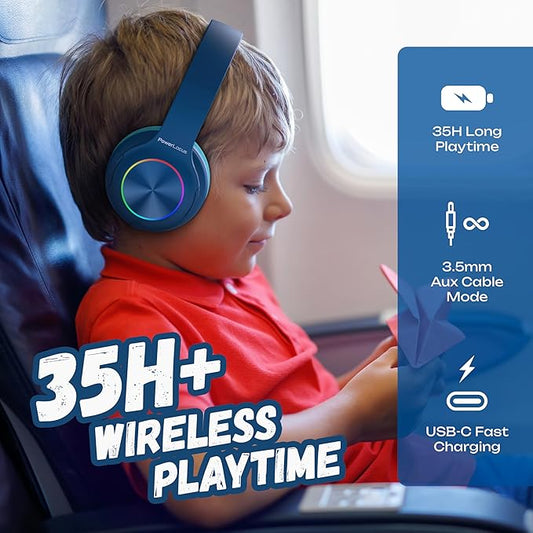 PowerLocus PLED Kids Bluetooth Headphones, Kids Wireless Headphones with LED Lights, 74/85/94dB Safe Volume, Micro SD, AUX Cable, Hi-Fi Stereo, Built-in Mic Over Ear Kid Headphone for Travel/Tablet/PC