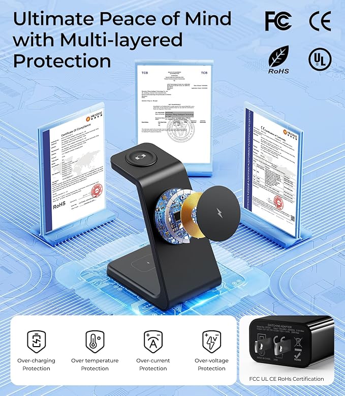 3 in 1 Wireless Charging Station for Apple Mag Safe Charger, 15W Fast Mag-Safe Charger Stand Compatible with iPhone 17 16 15 14 13 12, Apple Watch Charger & Airpods, Gifts for Wife & Husband, Black