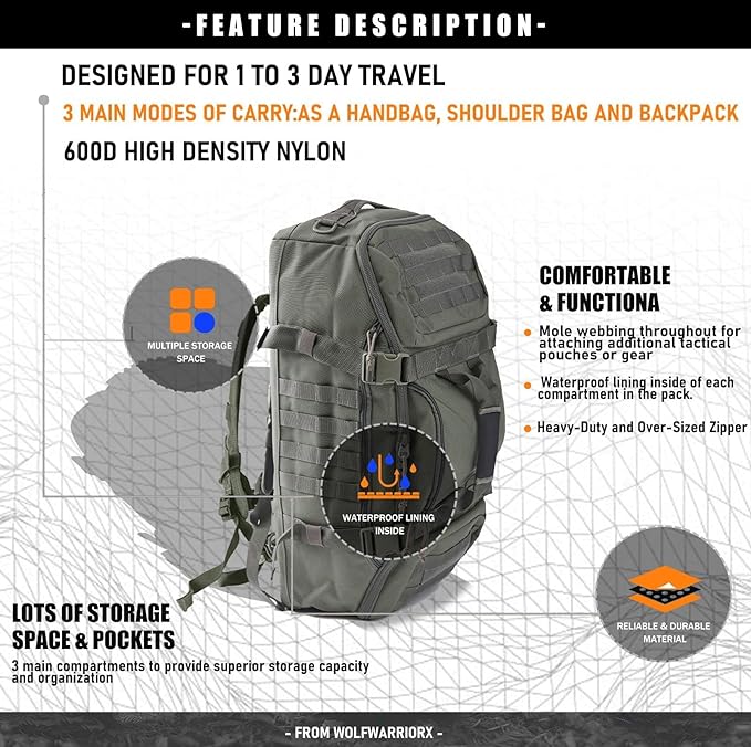 Travel Duffle Bag Backpack for Men - Large Tactical Bags Weekender Gym Bag for Overnight Traveling Military Workout Deployment Sports (Green, 45L)
