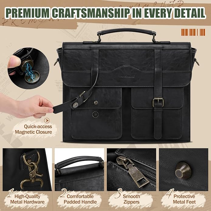 RAINSMORE Mens Messenger Bag 17 Inch Vintage Leather Laptop Briefcase Magnetic Closure Large Satchel Computer Shoulder Bag