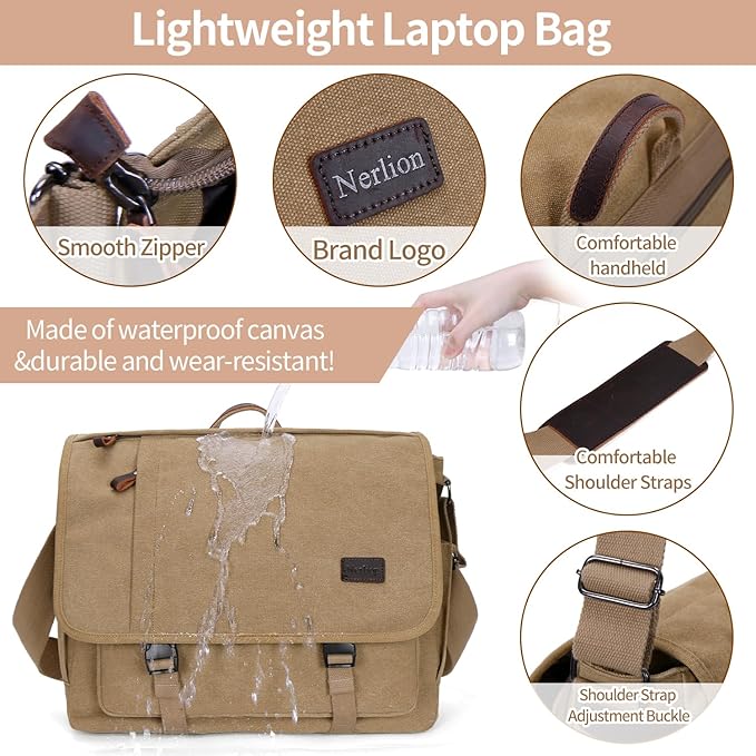 Nerlion Messenger Bag for Men 17-17.3 Inch Laptop Bag Canvas Water-resistant Computer Bag Shoulder Bag Work Briefcase Bookbag for College (Brown)