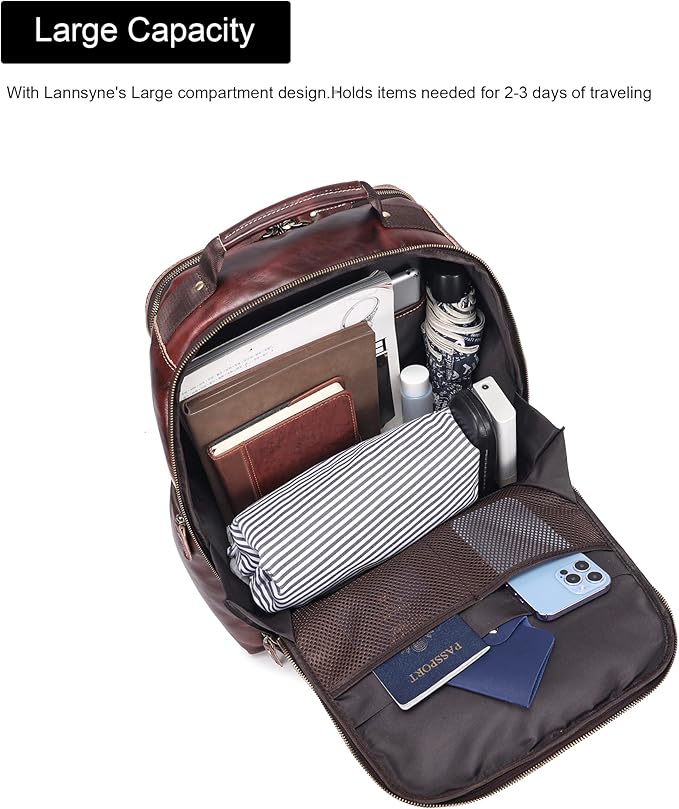 Vintage Full Grain Leather Backpack For Men, 17.3'' Laptop Bag Causal Rucksack Shoulder Bag Overnight For Business/Hiking/Travel