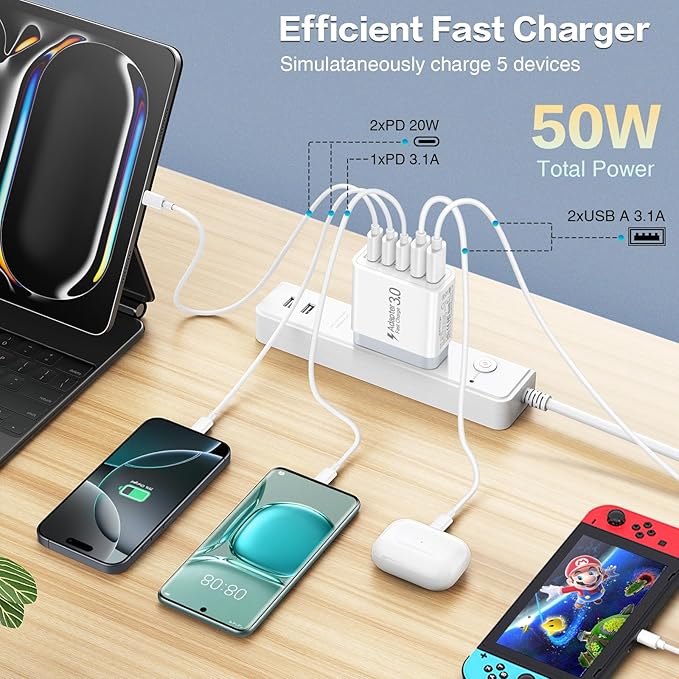 USB C Fast Charger Block,50W 5-Port Wall Charger Brick,2 USB A & 3 USB C PD3.0 Power Adapter Multiport Type C Charging Plug for iPhone 16/15/14/13,iPad mini/Pro,Galaxy