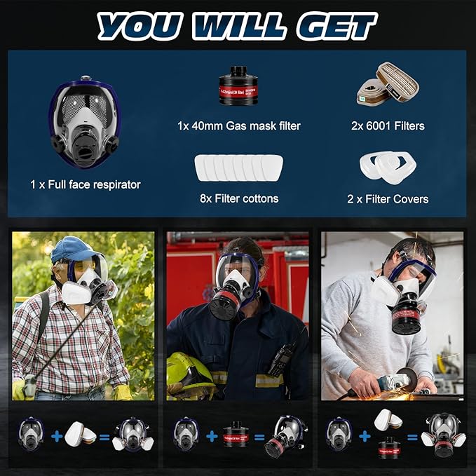 Gas Masks Survival Nuclear and Chemical - Reusable Full Face Respirator Gas Mask with Activated Carbon Filter