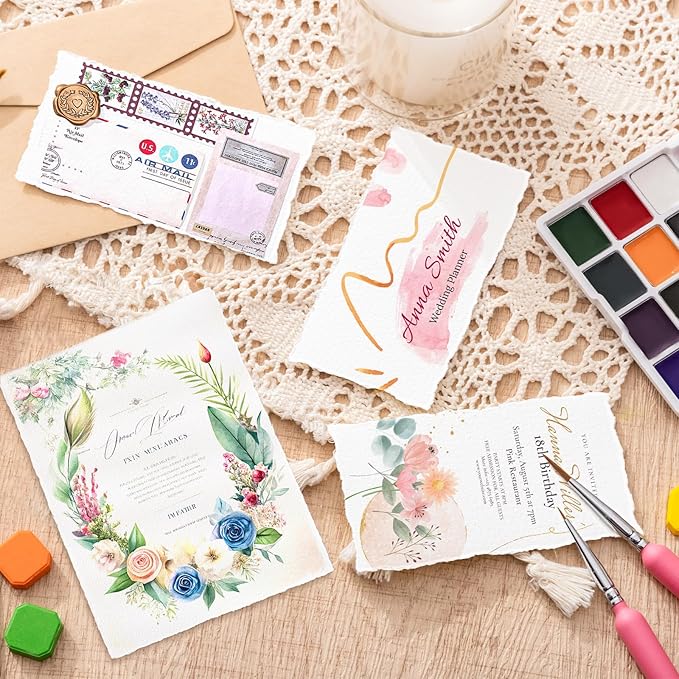 50 Sheets Watercolor Paper 6 x 8inch, 160 GSM Deckled Edge Paper Rough/Textured Handmade Paper for Wedding Invitations, Cards, Crafts