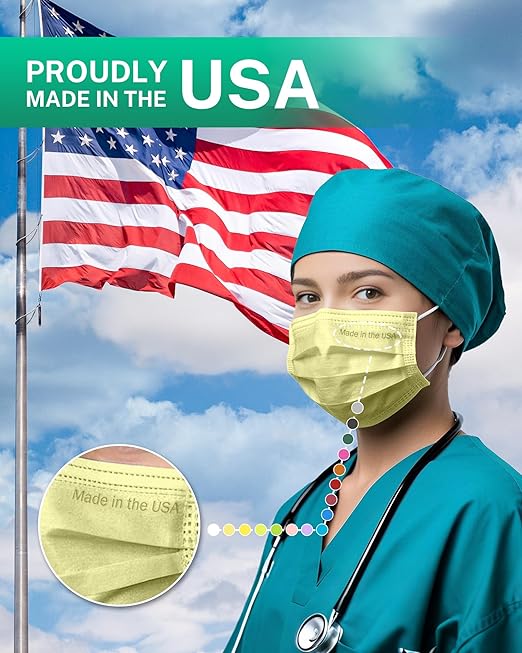 Disposable Face Masks Made in USA, 4 Ply for Families, Students, Breathable All-Day Wear & Safety, FSA HSA Eligible, ASTM Level 3 Medical Grade, 50 Pack, Light Yellow