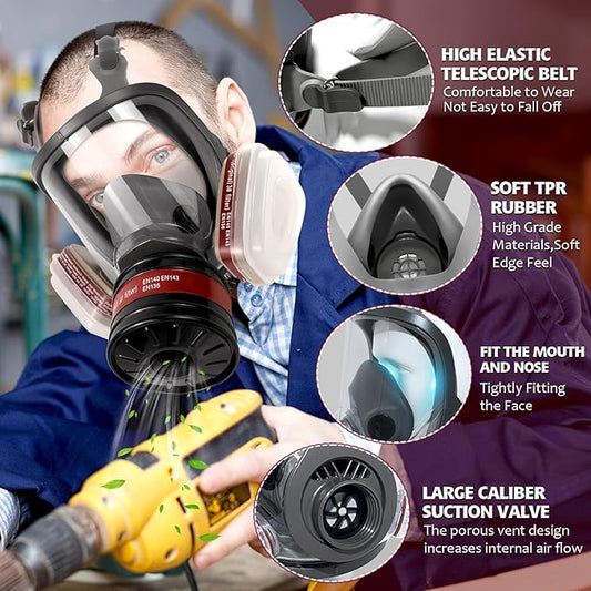 Full Face Respirator Mask - Gas Mask with Filter Cartridges for Painting, Sanding, Asbestos, Fume, Resin and Dust