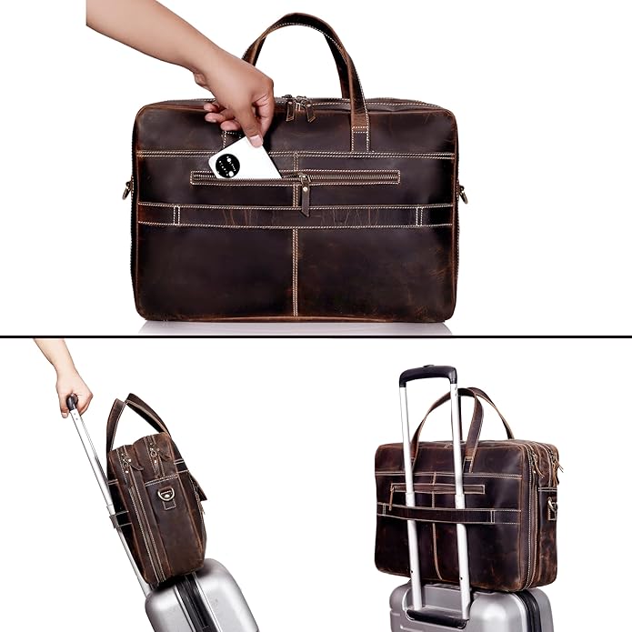 HLC 18 Inch Full Grain Leather Briefcase messenger shoulder bags for men and women