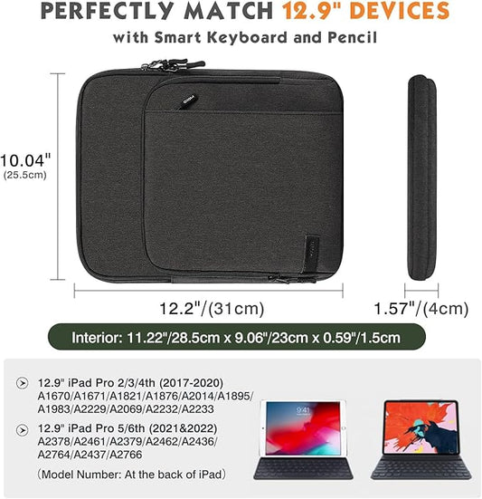 MoKo 12.9 Inch Tablet Sleeve Bag Carrying Case with Pockets Fits 13 Inch New iPad Pro M4 & Air M2 2024, iPad Pro 12.9 M2&M1, Surface Laptop Go 12.4", Galaxy Tab S8+/S9+ 12.4", Black & Gray