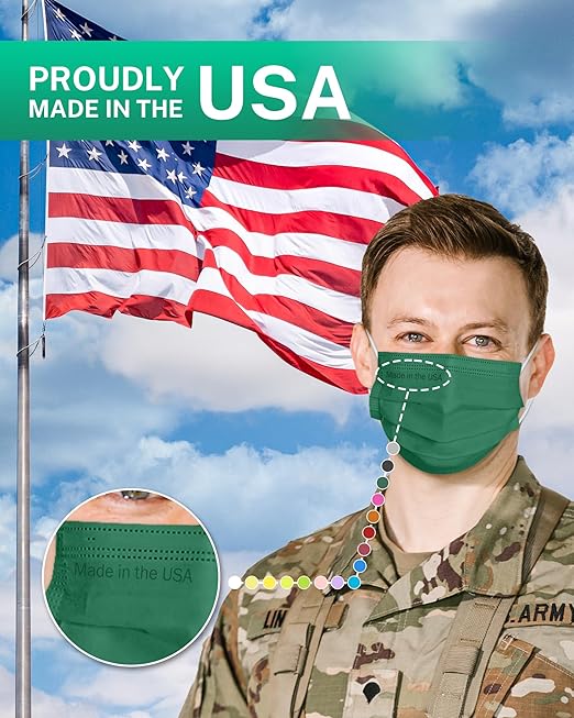 Disposable Face Masks Made in USA, 4 Ply for Families, Students, Breathable All-Day Wear & Safety, FSA HSA Eligible, ASTM Level 3 Medical Grade, 50 Pack, Royal Forest