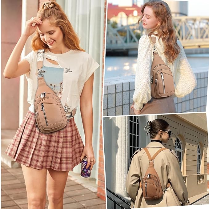 Sling Bag Crossbody Backpack - 2 in 1 Leather Cross Body Bag Fanny Pack with 2 Removable Straps
