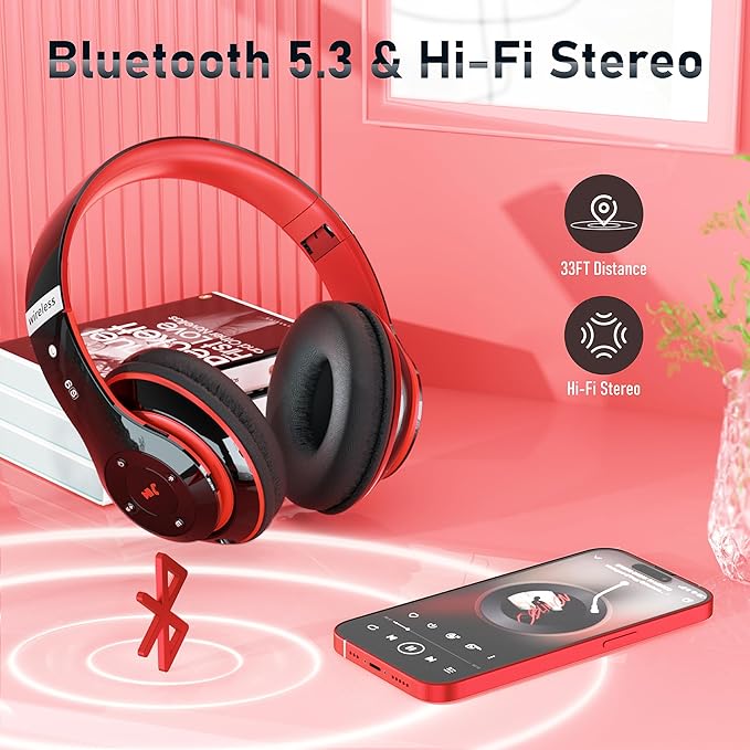 Bluetooth Headphones Over Ear, 6S Foldable Wireless Headphones with 6 EQ Modes, 40 Hours Playtime HiFi Stereo Headset with Mic, Soft Ear Pads, TF/FM for Cellphone/PC/Home (Red)