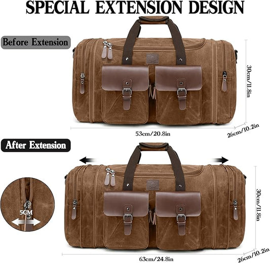 Waxed Canvas Duffle Bag for Men 50L Travel Duffel Bags Expandable Genuine Leather Duffel Overnight Weekender Carry On Bag Two Zipper Pockets Travel Bag (Vintage Dark Brown, Large-50L)