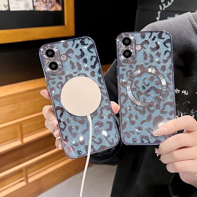 for iPhone 16 Case Magnetic,Soft Cute Luxury Leopard Cheetah Pattern Plating Glitter Bling Phone Case Compatible with MagSafe Clear Shockproof Back Cover for Women Girl 6.1"-Blue