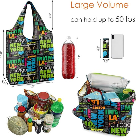 BeeGreen Travel Reusable-Grocery-Bags-Foldable-Machine-Washable-Reusable-Shopping-Bags-Bulk 6 Pack 50LBS Extra Large Totes Picnic bags Donuts Tents New York City Name Wine Coffee bag