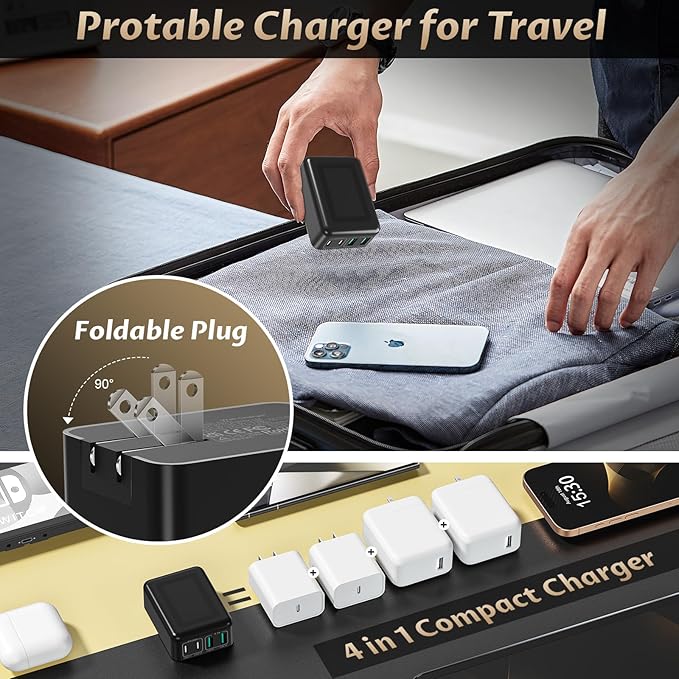 2Pack Flat USB C Charger Block • 40W Foldable & Slim Fast Charging Block • 4Ports USB Wall Plug Cube Box Compatible with iPhone 16/15 Samsung, Pixel, Tablets, Multiport Power Adapter Type C Brick