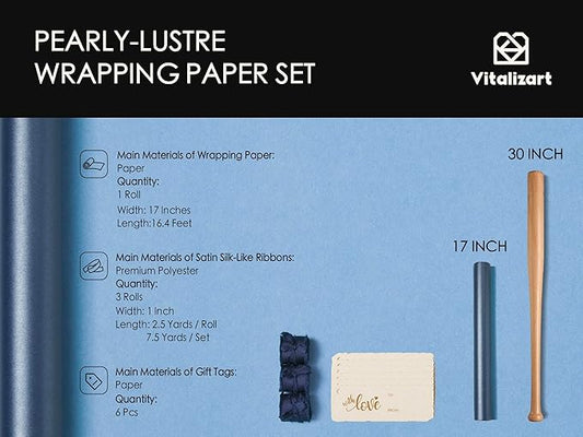 Vitalizart Blue Wrapping Paper Set 17" Pearly-Lustre With Silk Like Satin Ribbon & Gift Tags Recyclable Christmas Gift Wrapping Birthday Baby Shower Wedding Handmade Crafts 197"(16.4 Ft)