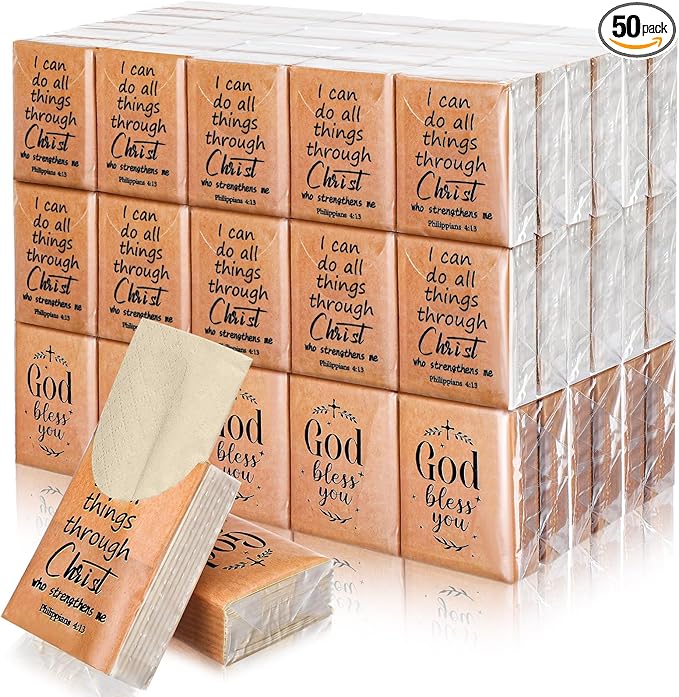 Ctosree 50 Pack Christian Pocket Tissues Bible Verse Travel Packs Bulk 500 Sheet Small Tissues Pocket Packs 3 Ply Mini Travel Size Individual Religious Party Favor