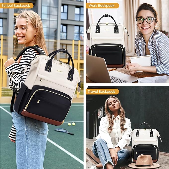 LOVEVOOK Leather Backpacks for Women,15.6 inch Leather Laptop Backpack Women,Professional Work Backpack Nurse College Teacher Bag,Womens Laptop Bag Computer Travel Backpacks,Beige White-Black-Brown