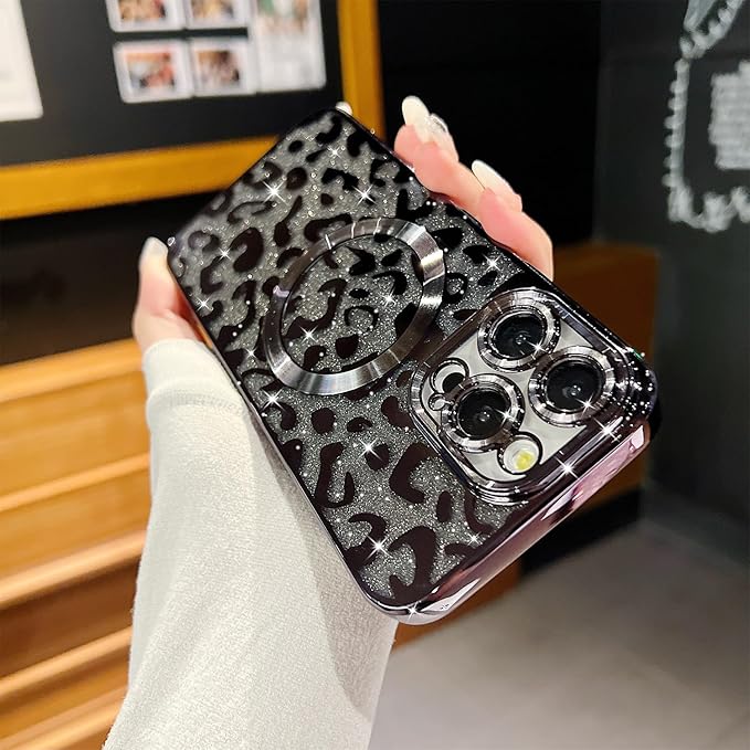 for iPhone 15 Pro Case Magnetic,Soft Cute Luxury Leopard Cheetah Pattern Plating Glitter Bling Phone Case Compatible with MagSafe Clear Shockproof Back Cover for Women Girl 6.1"-Black