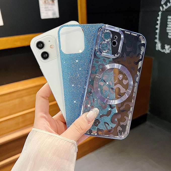 for iPhone 11 Case Magnetic,Soft Cute Luxury Leopard Cheetah Pattern Plating Glitter Bling Phone Case Compatible with MagSafe Clear Shockproof Back Cover for Women Girl 6.1"-Blue