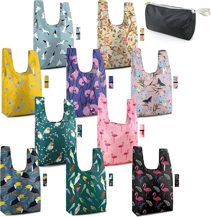BeeGreen Reusable Grocery Bags Bulk Gifts 10-Pack - Large Tote with Zipper Pouch | Foldable & Washable Polyester Shopping Bags Heavy Duty Animal Lover Gifts Reusable Bag With Handles