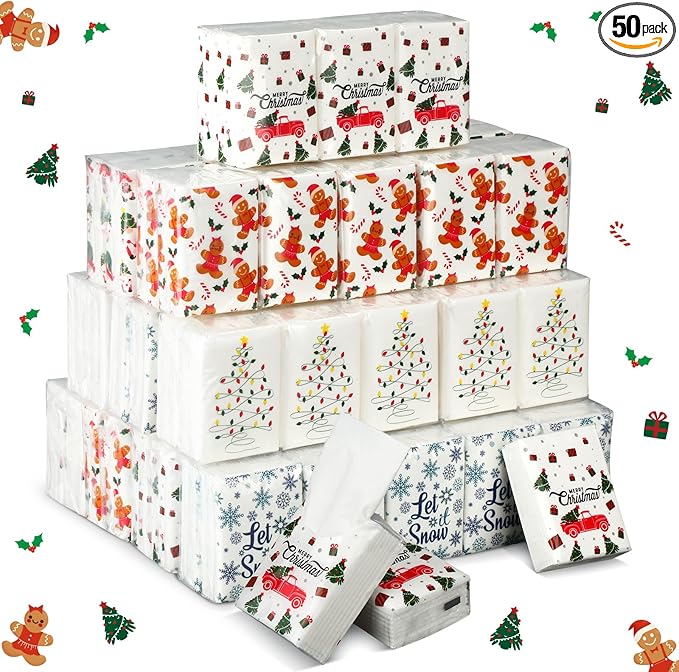 Ctosree 50 Pack Christmas Pocket Tissues Merry Xmas Travel Packs Bulk 500 Sheet Snow Flake Small Individual Tissues Pocket Packs 3 Ply Mini Travel Size for School Camping