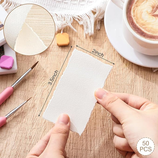 50 Sheets Deckled Edge Paper 2 x 3.5 inch, 160 GSM Handmade Paper Rough/Textured Watercolor Paper for Wedding Invitations, Cards, Crafts
