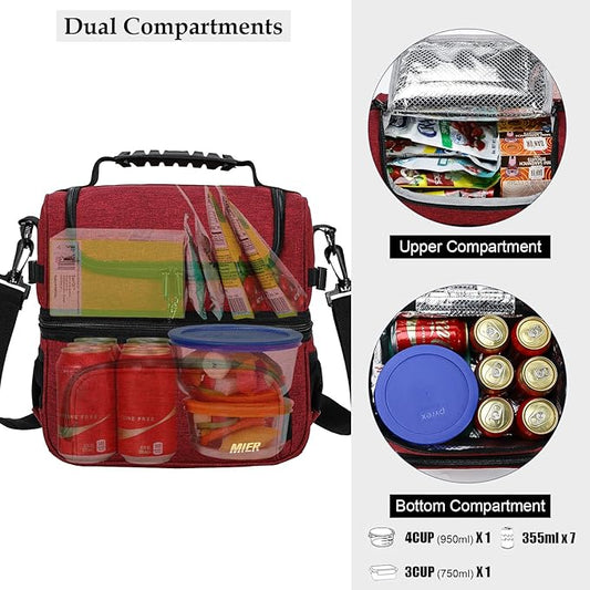 MIER Dual Compartment Lunch Bag Tote with Shoulder Strap for Men and Women Insulated Leakproof Cooler Bag, Dark Red
