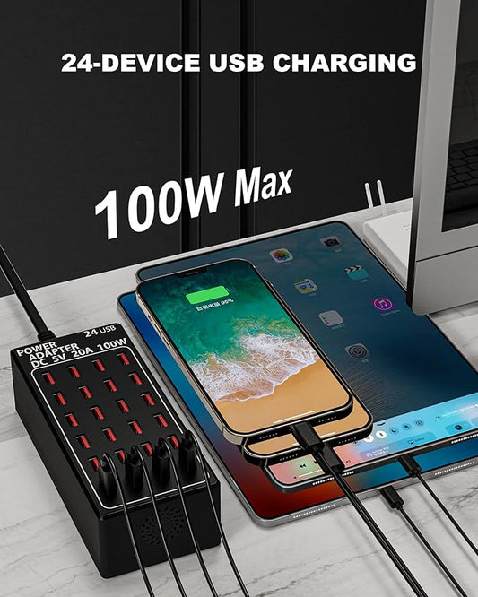 USB Charging Station,Cinlinso 24 Port 100W(20A) Multiport USB Fast Charger with Intelligent Detection for Smartphones,Tablets and More,Suitable for School Hotel Mall Shop Travel