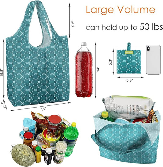 BeeGreen Large Tote Bag 6 Pack Reusable Grocery Bags Foldable - Bulk Machine Washable Ripstop Polyester Fabrics Grocery Bag - Reusable Shopping Bags for Women Travel Storage (Geometry Design)