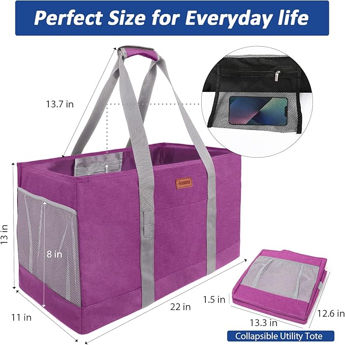 MHOMER Reusable Grocery Bags Extra Waterproof Large Tote Bag with Carrying Handles Reinforced Bottom Durable Oxford Fabric Foldable Shopping Bags for Storage Space Saving Red