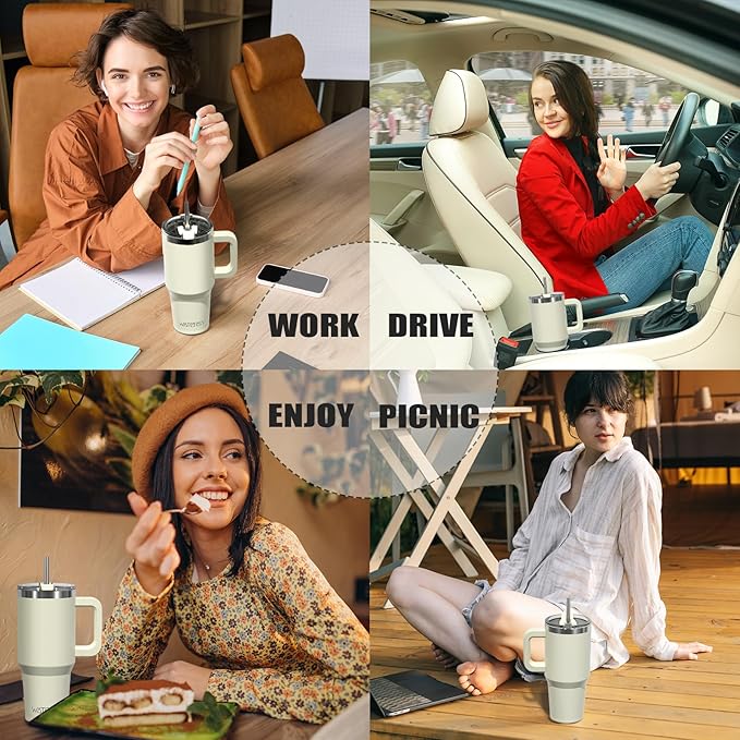 30 oz Tumbler with Handle,Tumbler with Lid and Straw,Double Wall Insulated Cup Stainless Steel Travel Mug(Cold for 34 Hours),Water Bottle for Iced Tea,Coffee,Cold Beverages(Cream White)