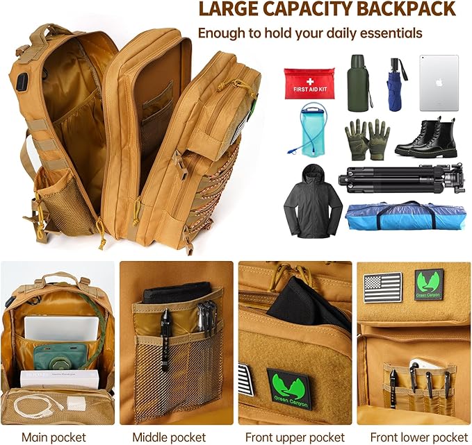 Green Canyon 45L Tactical Assault Backpack with Molle and Charging Port, Water Resistant Military Backpack for Men Women Hiking Rucksack 3 Day Bug Out Bag, Khaki