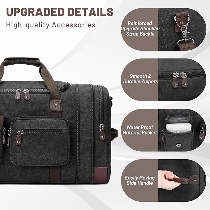 Travel Duffle Bag for Men, Duffle Bag for Travel, Heavy Duty Canvas Duffle, Carryon Bags for Airplanes, Expandable Vintage Overnight Luggage Weekender Bag, Waterproof Anti-tear Travel Bag