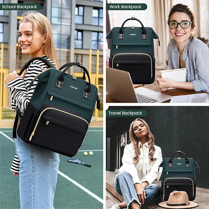 LOVEVOOK Leather Backpacks for Women,15.6 inch Leather Laptop Backpack Women,Professional Work Backpack Nurse College Teacher Bag,Womens Laptop Computer Travel Backpacks Purse,Dark Blue-green-Black