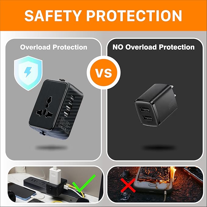 Universal Travel Plug Adapter Worldwide with 2 USB C and 2 USB A Ports, Travel Accessories Travel Charger International Travel Adapter Plug Travel Essentials USA to UK Europe Australia (Black, 17W)