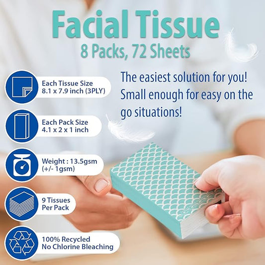 Funwares White Facial Travel Tissue Packs, Non-Bleach, Chlorine-Free, Compact Pocket Tissues for Car, Purse, School, Work, On-the-Go Tissue Packs, Geometric Design, 8 Packs, 72 Tissues, 3-Ply Sheets