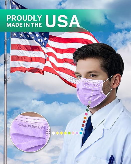 Disposable Face Masks Made in USA, 4 Ply for Families, Students, Breathable All-Day Wear & Safety, FSA HSA Eligible, ASTM Level 3 Medical Grade, 50 Pack, Lavender Mint